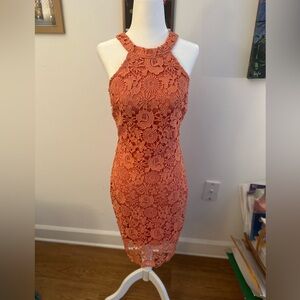 Lulu's Floral Lace Midi Dress in Coral